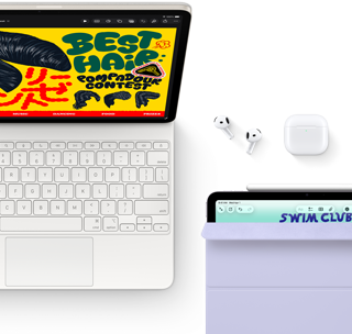 iPad Air v hviezdnej bielej, na obrazovke je farebná grafika. iPad je pripojený ku klávesnici Magic Keyboard, slúchadlám AirPods Pro a ceruzke Apple Pencil Pro